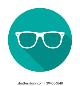 Sunglasses icon with long shadow. Flat design style. Round icon. Sunglasses silhouette. Simple circle green icon. Modern flat icon. Web site page and mobile app design element.