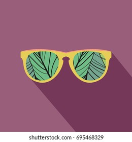 Sunglasses icon with long shadow. Flat design style. Sunglasses silhouette. Simple icon in stylish colors. Web site page and mobile app design element