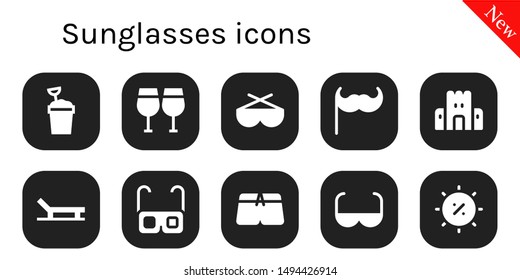 sunglasses icon set. 10 filled sunglasses icons.  Simple modern icons about  - Sand bucket, Glasses, Sunglasses, Moustache, Sand castle, Beach, Swimsuit, Sun glasses, Summer