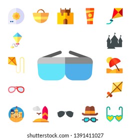 sunglasses icon set. 17 flat sunglasses icons.  Simple modern icons about  - summer, kite, sand castle, vacation, beach bag, surfboard, sun lotion, hat and glasses, glasses