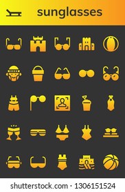 sunglasses icon set. 26 filled sunglasses icons.  Collection Of - Glasses, Beach, Sand castle, Beach ball, Hipster, Sand bucket, Sunglasses, Suspenders, Face, Swimsuit, Sun glasses