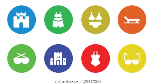 sunglasses icon set. 8 filled sunglasses icons.  Collection Of - Sand castle, Sunglasses, Suspenders, Swimsuit, Beach, Glasses