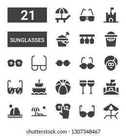 sunglasses icon set. Collection of 21 filled sunglasses icons included Beach, Glasses, Eye glasses, Sand castle, Beach ball, Face, Eyeglasses, Sand bucket