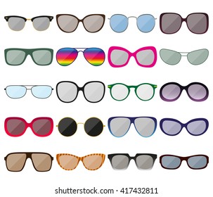 Sunglasses icon set. Colored spectacle frames. Different shapes. Vector illustration