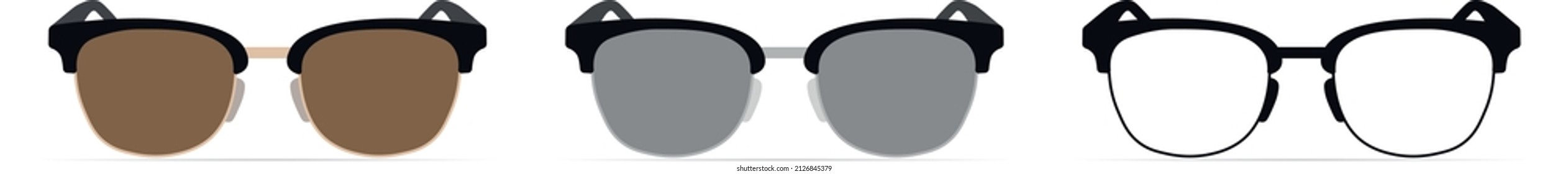 Sunglasses icon set. Sun lens ocular with plastic rims. Vector illustration.