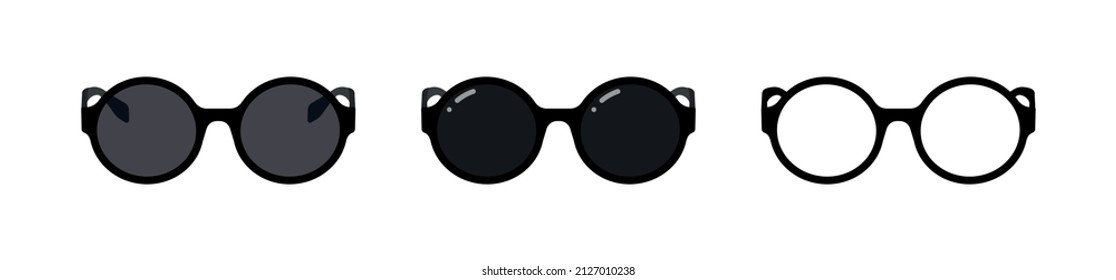 Sunglasses icon set. Sun lens ocular with plastic rims. Vector illustration.