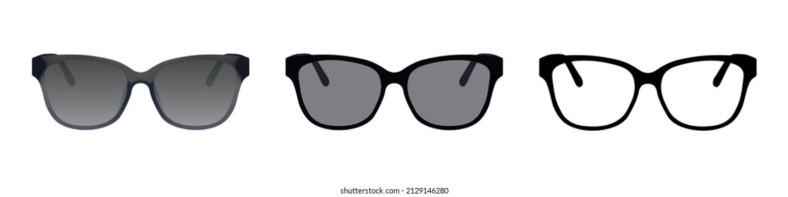 Sunglasses icon set. Sun lens ocular with plastic rims. Vector illustration.