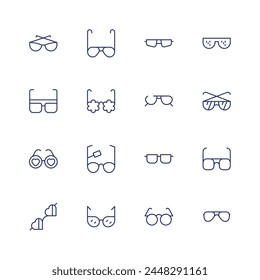 Conjunto de iconos de gafas de sol. Icono de línea fina. Trazo editable. Contiene gafas, accesorios, gafas de sol, gafas de sol deportivas.