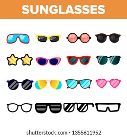 Sunglasses Icon Set Vector. Summer Beach Sunglasses Icons Silhouette. Elegance Wear. Sun Protection. Line, Flat Illustration