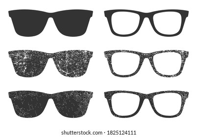 Sunglasses icon shape silhouette. Eye glasses logo symbol sign. Vector illustration image. Isolated on white background. Grunge style set.
