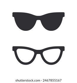 Sunglasses icon. Silhouette glasses. Modern glasses with plastic frames. Frame of the glasses. Optics salon. Logo template. Optics. Protection from the sun. Eye protection. Eye sign. Spy sign.