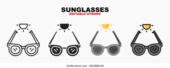 Sunglasses icon symbol set of outline, solid, flat and filled outline style. Isolated on white background. Editable stroke vector icon.