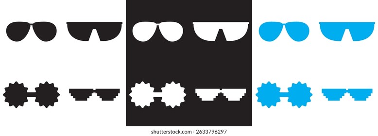 Sunglasses icon vector . Fashionable eyewear icon. black, white and blue  sunglasses icon.  Vector illustration. isolated on white and black background. EPS 10