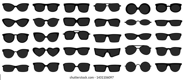 Sunglasses icons. Black sunglass, mens glasses silhouette and retro eyewear icon. Polarized geek glasses, hipster sun lens ocular. Isolated symbols vector set - Shutterstock ID 1431106097