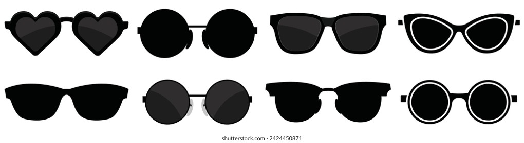 Sunglasses icons. Black sunglass, mens glasses silhouette and retro eyewear icon. Polarized geek glasses, hipster sun lens ocular. Isolated symbols vector set