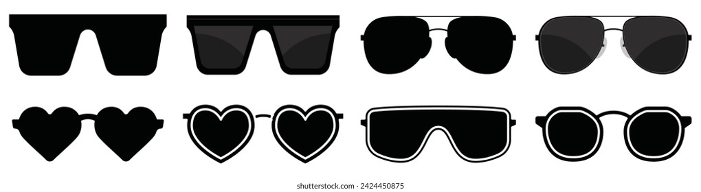 Sunglasses icons. Black sunglass, mens glasses silhouette and retro eyewear icon. Polarized geek glasses, hipster sun lens ocular. Isolated symbols vector set