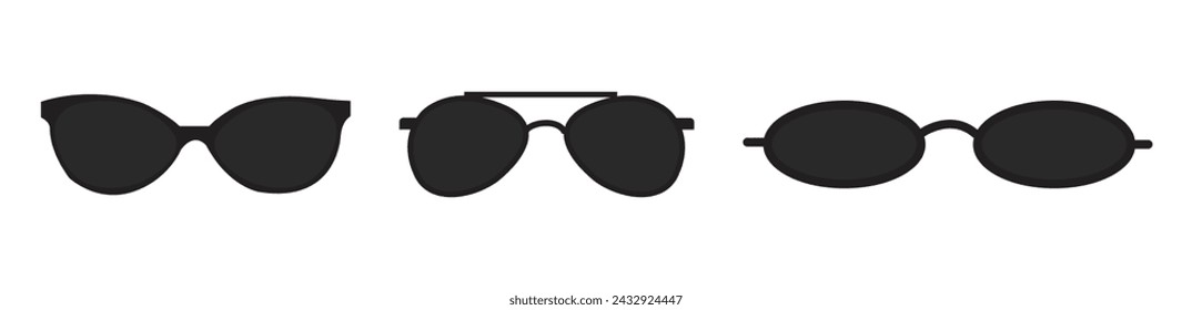 Sunglasses icons. Black sunglass, mens glasses silhouette and retro eyewear icon. Polarized geek glasses, hipster sun lens ocular. Isolated symbols vector set