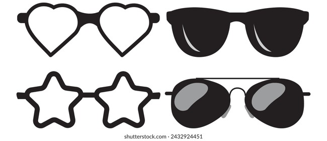 Sunglasses icons. Black sunglass, mens glasses silhouette and retro eyewear icon. Polarized geek glasses, hipster sun lens ocular. Isolated symbols vector set