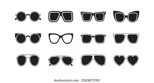 Sunglasses icons collection. Set of different sunglasses , Glasses silhouettes. Isolated black elegant eyewear set. Metal plastic spectacles shapes. geek sunglasses icons,