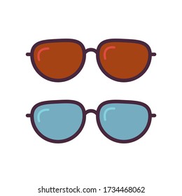 Sunglasses icons. Red and Blue Sunglass, mens glasses silhouette and retro eyewear icon. Hipster sun lens ocular. Isolated symbols vector set