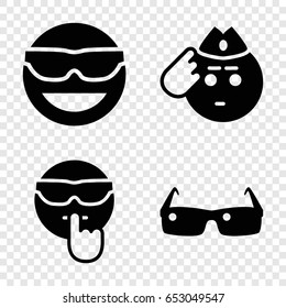 Sunglasses icons set. set of 4 sunglasses filled icons such as emot in sun glasses, soldier emot, cool emot