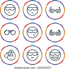 Sunglasses icons set. set of 9 sunglasses outline icons such as emot in sun glasses