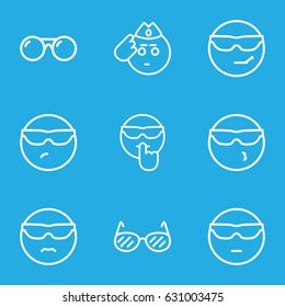Sunglasses icons set. set of 9 sunglasses outline icons such as soldier emot