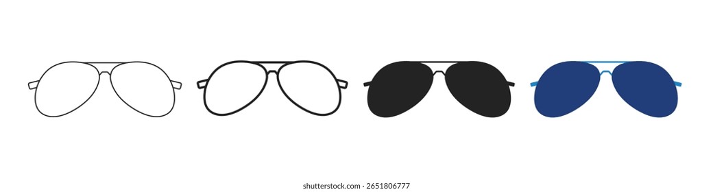 Sunglasses icons set. Editable stroke fashion eyewear collection in outline, filled and flat styles. Vector.