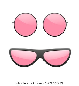 Sunglasses icons set. Pink sun glasses isolated white background. Fashion pink vintage graphic style. Female modern optical beach accessory. Eye summer protection. Eyesight symbol Vector illustration