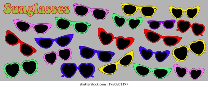 Sunglasses illustration. Different colors and variations. Summer vibes. Stickers for stationery, notebook, smartphone, bike, etc. Vector EPS10. 
