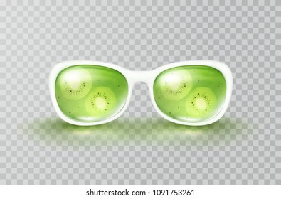 Sunglasses isolated on transparent background. Summer time vacation concept. Fruit tropical fashion woman glasses. Vector kiwi product template for sunny beach creative design.