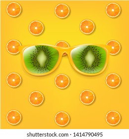 Sunglasses With Kiwi And Yellow Background With Gradient Mesh, Vector Illustration