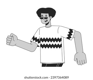 Sunglasses latino man running black and white 2D line cartoon character. Hispanic guy jogging isolated vector outline person. 80s nostalgia fashion gen z male monochromatic flat spot illustration