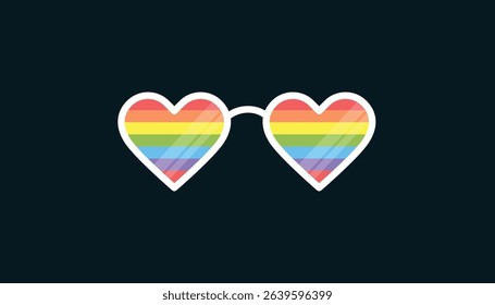 Sunglasses with LGBT rainbow lenses. gay pride month. white frame funky sunglasses. pride sunglasses on heart shapes. LGBT pride, gay