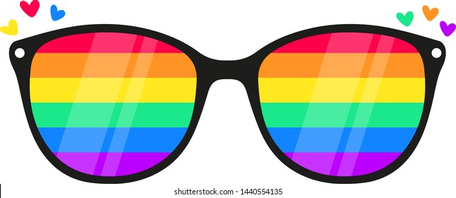 Sunglasses with LGBT rainbow lenses. Rainbow, LGBT pride, gay,human rights, glasses concept. Gay Pride Month. Pride LGBTQ icon 