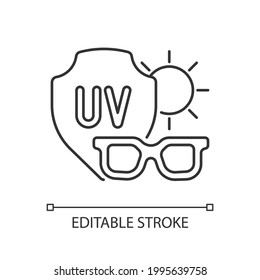 Sunglasses linear icon. Glasses for eye protection from UV rays. Preventing sun exposure. Thin line customizable illustration. Contour symbol. Vector isolated outline drawing. Editable stroke