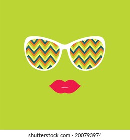 Sunglasses and lips. Vector illustration. Hipster theme. Print for your T-shirts. Great idea for design. Woman's face
