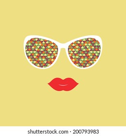 Sunglasses and lips.  Vector illustration. Hipster theme. Print for your T-shirts. Great idea for design. Woman's face