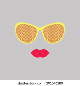 Sunglasses and lips. Vector illustration. Print for your T-shirts. Hipster theme. Great idea for design. Woman's face