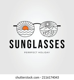 sunglasses with mountain and ocean landscape logo vector illustration design. eyeglasses with sunset line art icon