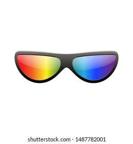 Sunglasses multicolor 3D. Summer sunglass shade isolated white background. Fun color sun glass Realistic design eye sight protection. Fashion eyeglasses. Beach sunlight accessory Vector illustration