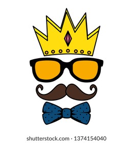 sunglasses and mustache with bowtie and crown hipster style