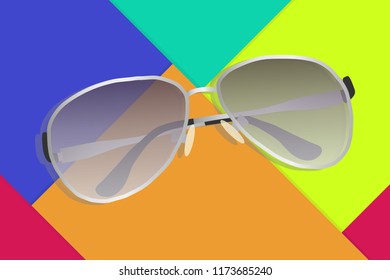 Sunglasses on an abstract background. Realistic sunglasses in silvery frame. Flat design, vector illustration, vector.