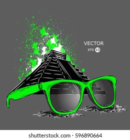 Sunglasses on the background of the Aztec pyramid, Vector illustration.