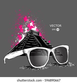 Sunglasses on the background of the Aztec pyramid, Vector illustration.