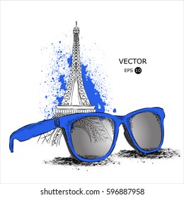 Sunglasses on the background of Paris. Eiffel Tower. Vector illustration.