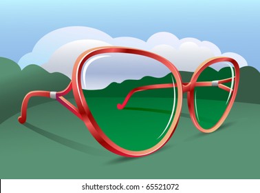 Sunglasses on a background of a steppe landscape