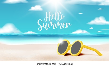 Sunglasses on the beach with beautiful sky for summer season banner pastel vector illustration