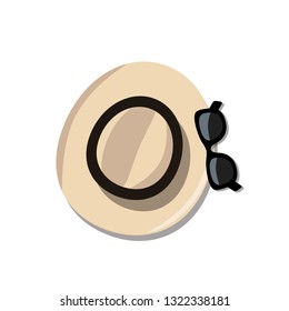 Sunglasses on beach hat with shadow. Isolated vector illustration in flat style.