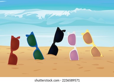 Sunglasses on beach. Hello summer. vector